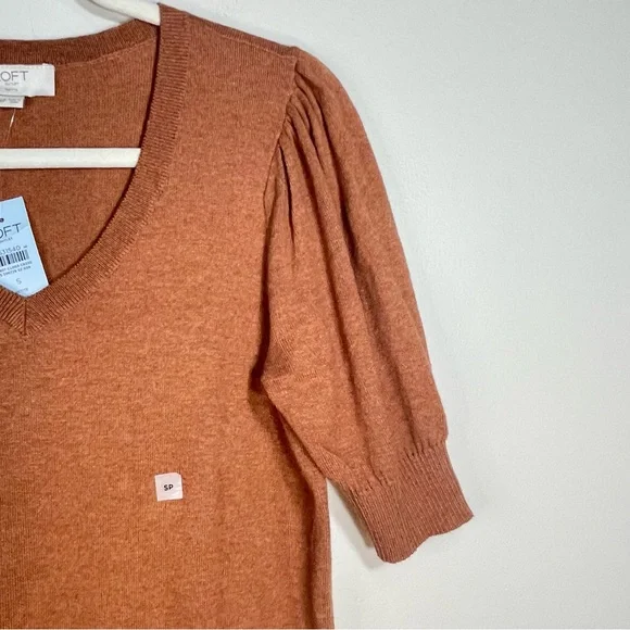 NWT Loft Brown V-Neck Short Sleeve Ribbed Hem Size Women Petite Small Retail $49 - Picture 2 of 6